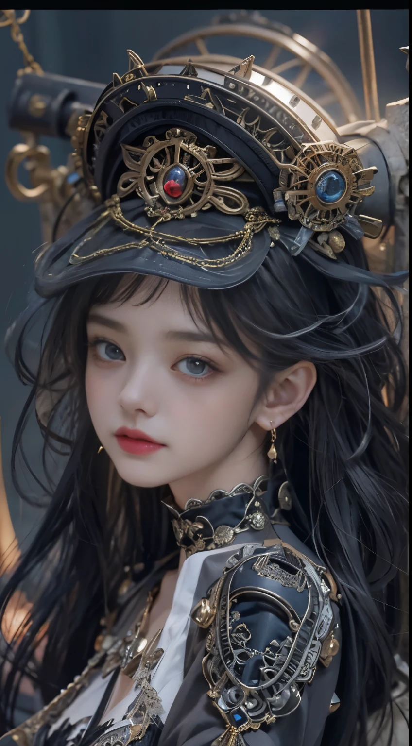 Wizard girl. Very pretty 14 years old, (((masterpiece, best quality, raw photo, photorealistic, depth of field, ultra detailed, detailed face, very precise eyes))), Dynamic Action Pose, Invoke Magic, Mechanical Magic Weapons, very slender long legs, lace stockings on the knee, steampunk headgear, fluttering lace flared mini skirt, off-shoulder fashion with a fusion of detailed and intricate steampunk and detailed gothic lolita, (((Very slender body, long, thin limbs))), upward and beautiful small breasts, (((Thick bangs))), (((princess cut))), Clean long Black hair, long vertical curly hair, wind driven, futuristic complex steampunk factory background, infinite dark universe, flying celestial bodies, countless celestial neon lights raining down from the heavens, cinematic lighting decoration.
