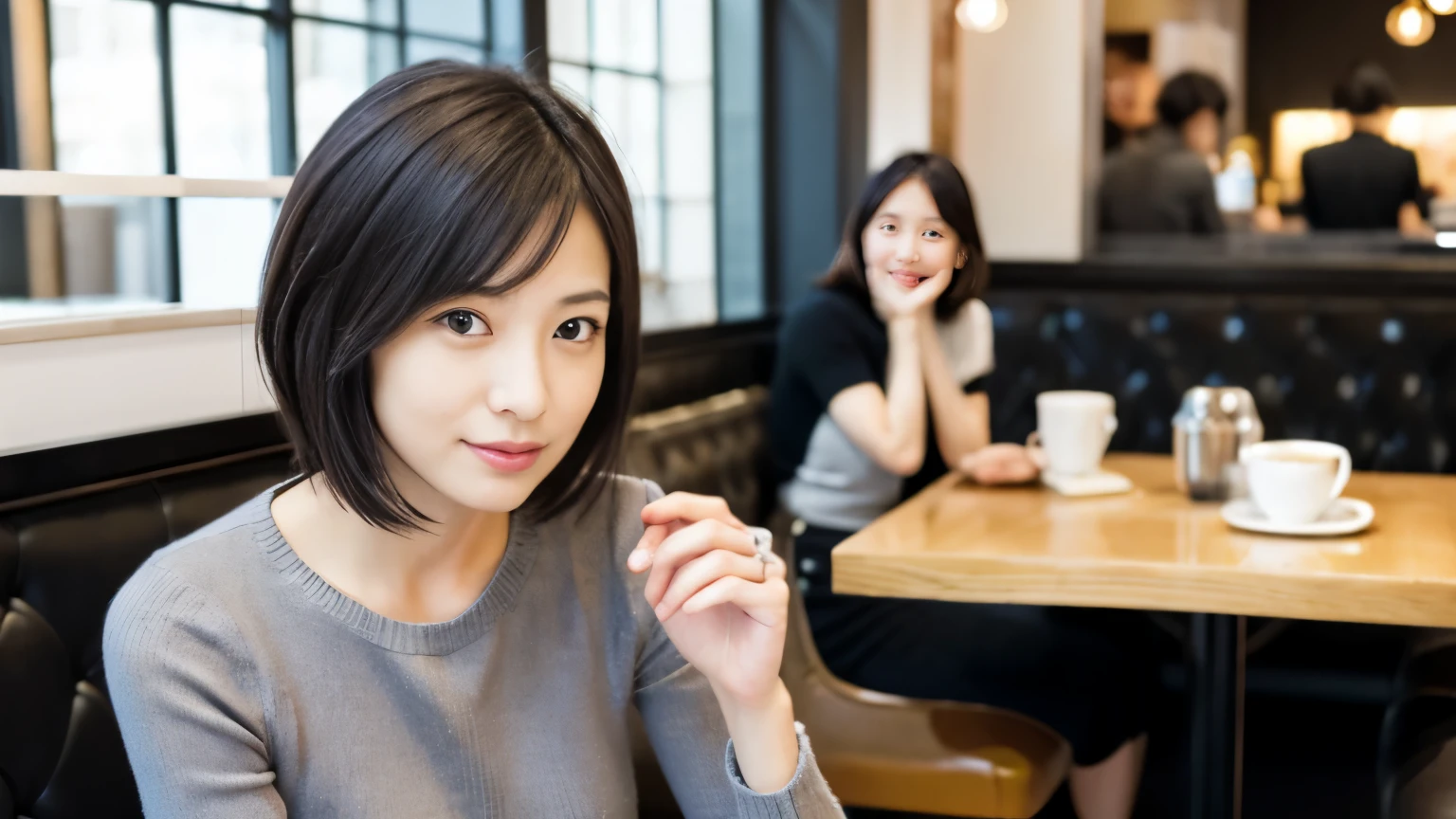 Japanese women, 30 years old, Slim figure, Small breasts, Very small waist, Beautiful Face, Beautiful Eyes, black short hair, Wearing tights, Short grey knit dress, Sitting in a fashionable café, look back at you kindly, 1 girl, alone, Detailed face and eyes, Small fingers and arms. Full body photo. Realistic, Realistic.