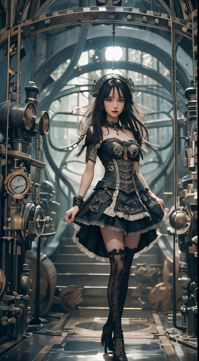Wizard girl. Very pretty , (((masterpiece, best quality, raw photo, photorealistic, depth of field, ultra detailed, detailed face, very precise eyes))), Dynamic Action Pose, Invoke Magic, Mechanical Magic Weapons, very slender long legs, lace stockings on the knee, steampunk headgear, fluttering lace flared mini skirt, off-shoulder fashion with a fusion of detailed and intricate steampunk and detailed gothic lolita, (((Very slender body, long, thin limbs))), upward and beautiful small breasts, (((Thick bangs))), (((princess cut))), Clean long Black hair, long vertical curly hair, wind driven, futuristic complex steampunk factory background, infinite dark universe, flying celestial bodies, countless celestial neon lights raining down from the heavens, cinematic lighting decoration.