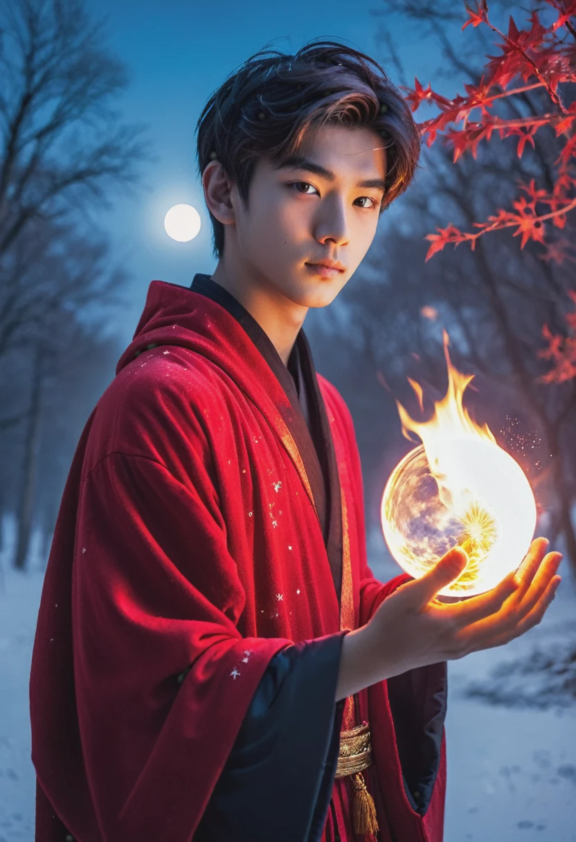 A 20 year old boy holding a fire element on his hand at front. His eye emitting red light. He wear color red robe. The atmosphere is icy winter with moon and star background. There is also color red tree behind him