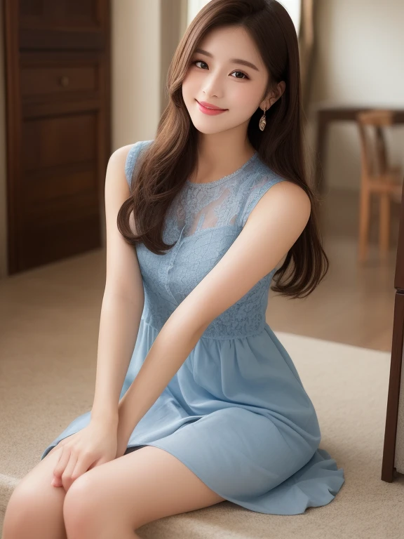 リアルな写真image quality、8kimage quality、Arafe woman in a pale blue dress, romantic dress, Cute and elegant pose, In a dress, Sexy Dress, adorable and cute, Girly light blue dress, Cute and adorable, Light Blue Gray, Japanese female fashion model, Sheer lace mini dress、Cute Smile、Beautiful Eyeedium long brunette hair、Professional Lighting、Detailed and gentle realistic facial expression、22-year-old fashion model、Idol、Hands, feet and beautiful face
