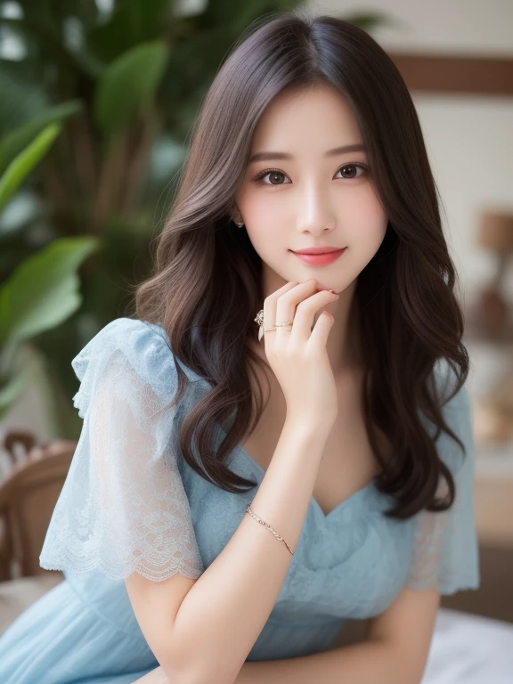 リアルな写真image quality、8kimage quality、Arafe woman in a pale blue dress, romantic dress, Cute and elegant pose, In a dress, Sexy Dress, adorable and cute, Girly light blue dress, Cute and adorable, Light Blue Gray, Japanese female fashion model, Sheer lace mini dress、Cute Smile、Beautiful Eyeedium long brunette hair、Professional Lighting、Detailed and gentle realistic facial expression、22-year-old fashion model、Idol、Hands, feet and beautiful face