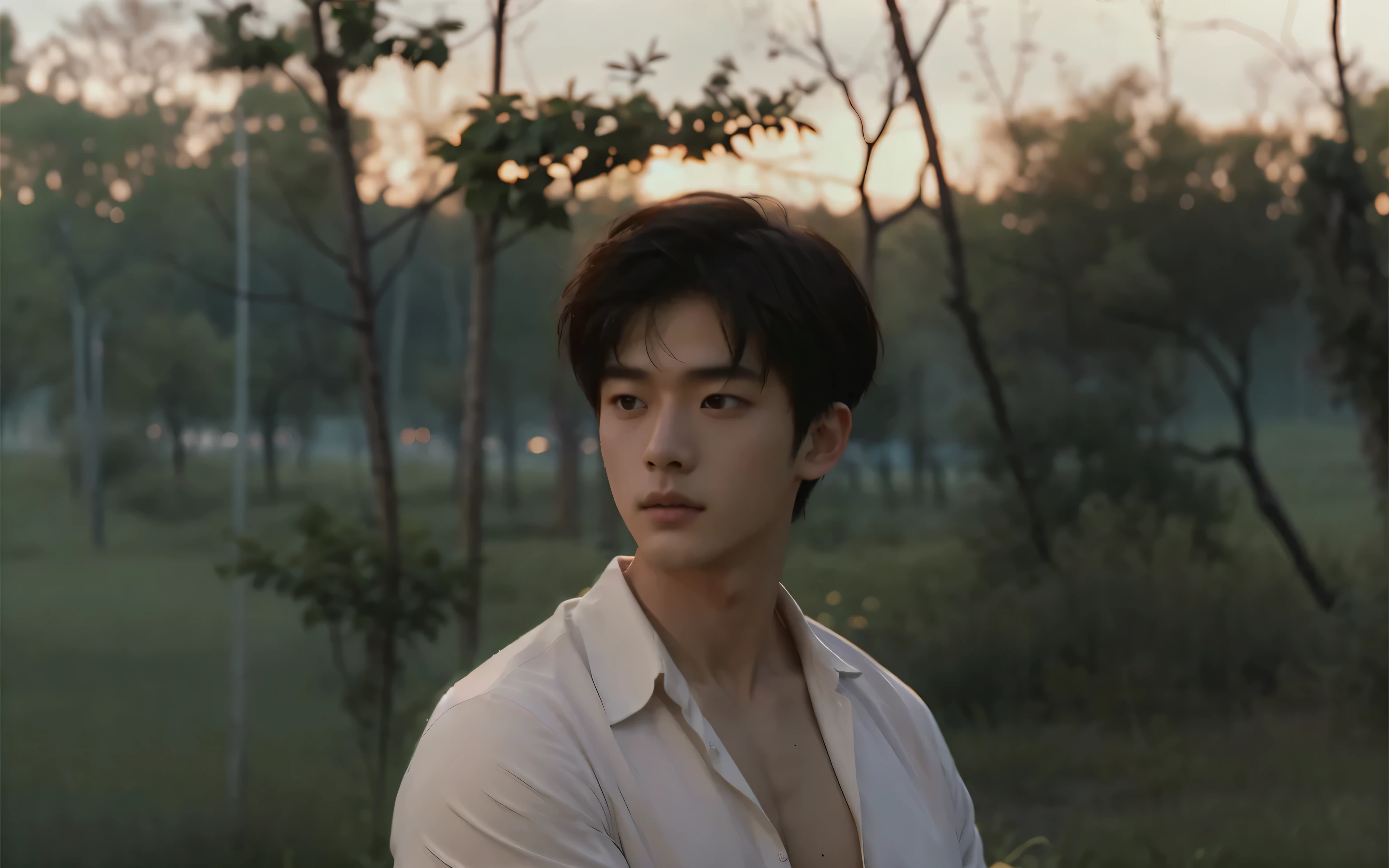 there is a man standing in a field with trees in the background, inspired by Zhang Han, soft portrait shot 8 k, jinyoung shin, jinyoung shin aesthetic, inspired by Yanjun Cheng, young wan angel, male ulzzang, yanjun chengt, inspired by Bian Shoumin, movie still 8 k, inspired by jeonseok lee, portrait shot 8 k,(fantasy), light and magic,