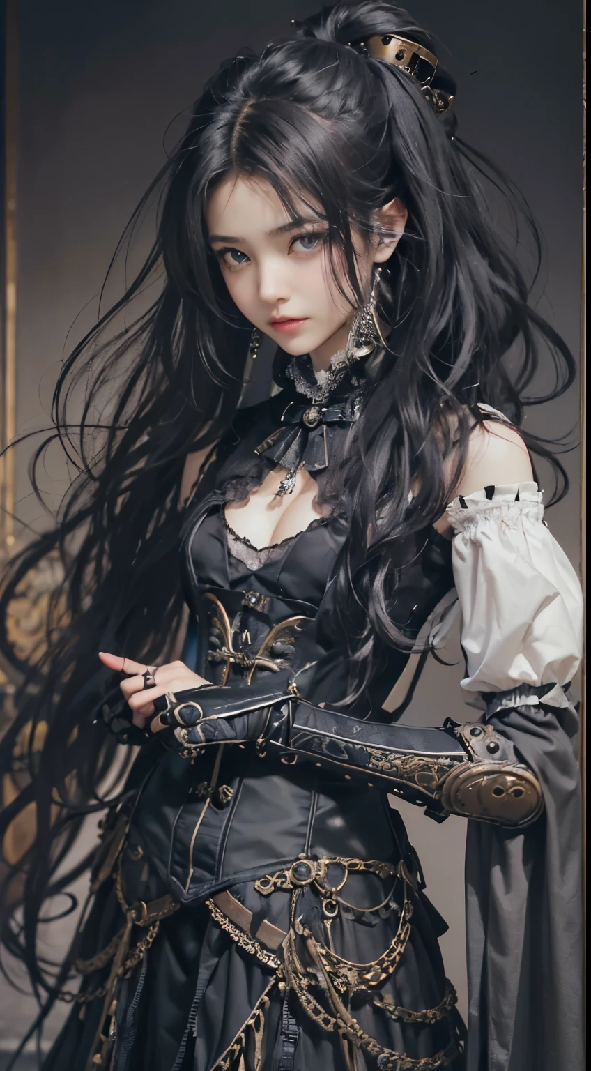 (((Masterpiece, top quality, ultra-detailed))), (((1 Infinity Mage Girl))), 14 years old, (((very detailed face))), small thin nose, small thin-lipped mouth, (((very sharp focused eyes))), very large slit precision pale grey eyes, sparkling like jewels. Very long eyelashes, long black hair in black vertical curls, with fringes, ((Steampunk fashion, Gothic Lolita fashion))