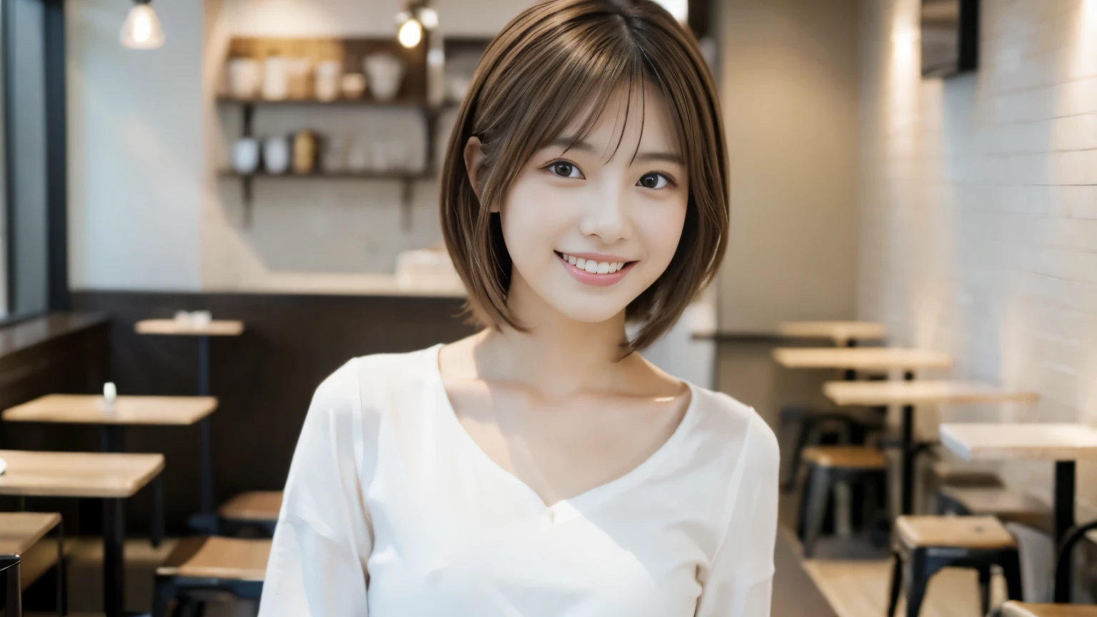 Young Japanese Woman, 30th generation, White Background, Stylish cafe interior background, White brown hair, thin, 4K, 8k, high quality, beauty, smile, Beautiful Eyes, Characterized by simplicity, High resolution,1 person,clean clothes