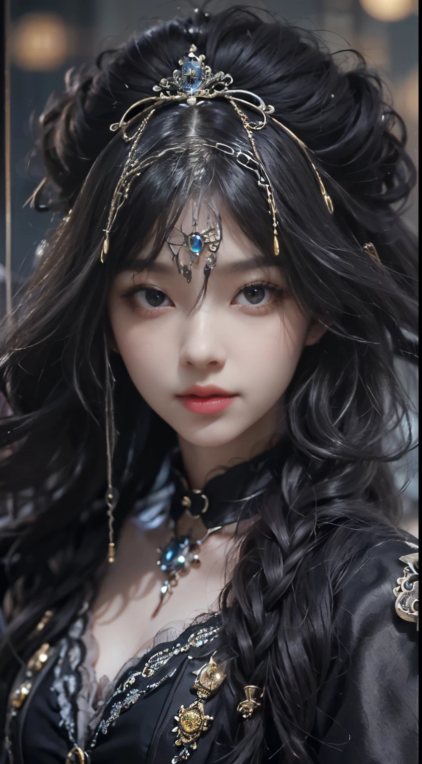 (((Masterpiece, top quality, ultra-detailed))), (((1 Infinity Mage Girl))), 14 years old, (((very detailed face))), small thin nose, small thin-lipped mouth, (((very sharp focused eyes))), very large slit precision pale grey eyes, sparkling like jewels. Very long eyelashes, long black hair in black vertical curls, with fringes, ((Steampunk fashion, Gothic Lolita fashion))