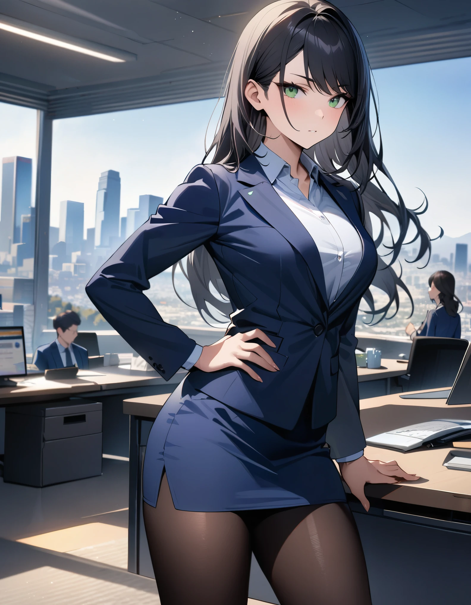 masterpiece, highest quality, solo, solo focus, (perfect face:1.1), (high detail:1.1), office lady, los angeles backdrop, black hair, long hair, left side-swept bangs, green eyes, black pantyhose, blue suit, high heel shoes, pencil skirt, miniskirt, one hand on hip, full body shot, cowboy shot