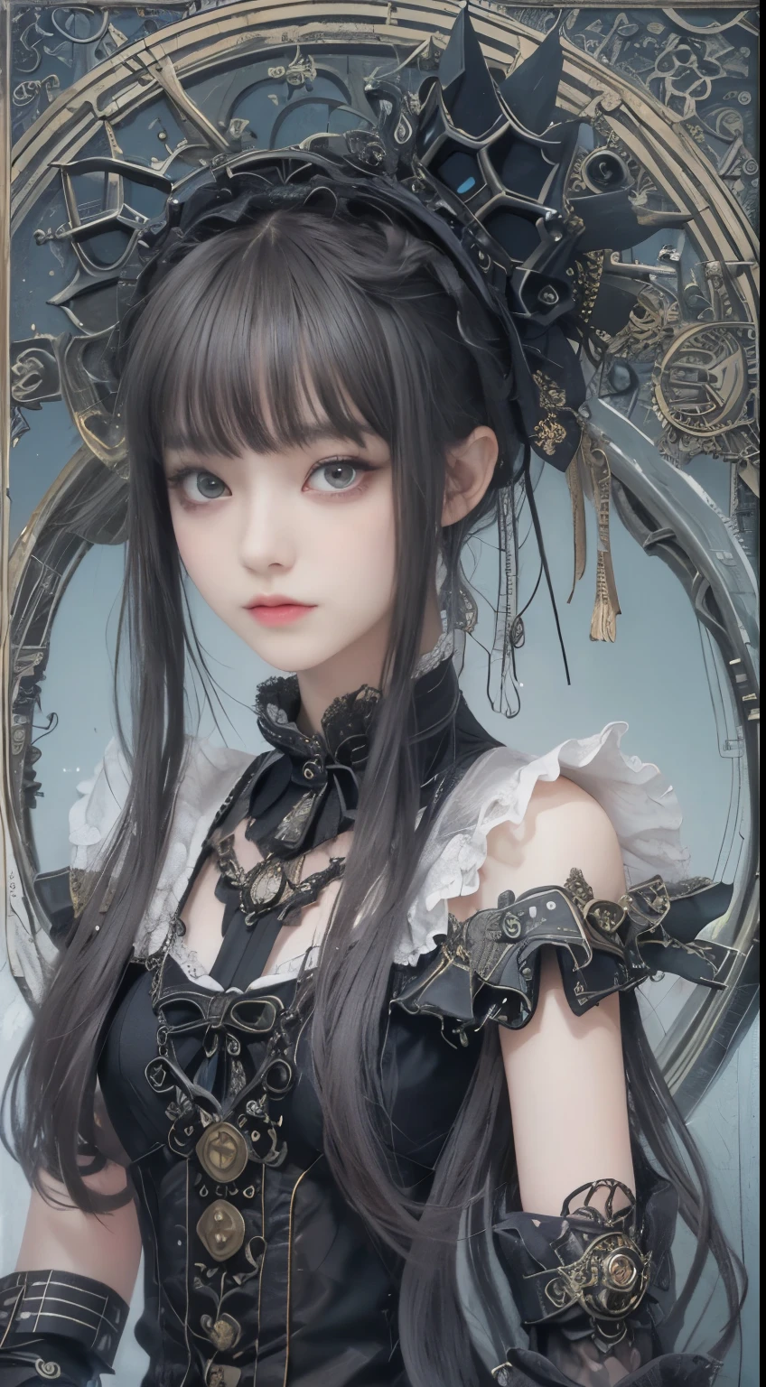 (((Masterpiece, top quality, ultra-detailed))), (((1 Infinity Mage Girl))), 14 years old, (((very detailed face))), small thin nose, small thin-lipped mouth, (((very sharp focused eyes))), very large slit precision pale grey eyes, sparkling like jewels. Very long eyelashes, long black hair in black vertical curls, with fringes, ((Steampunk fashion, Gothic Lolita fashion))