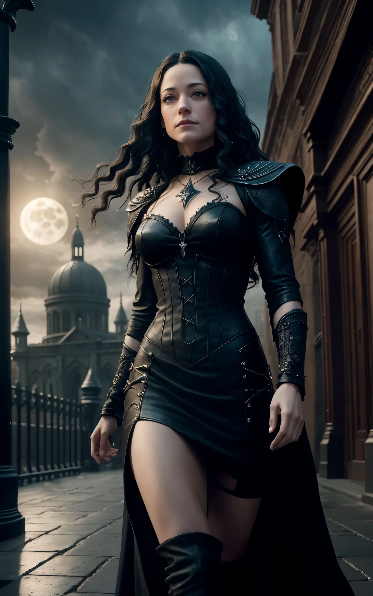 (Emmy Rossum:Evangeline Lilly) An ultra detailed, a beautiful goth girl with long straight hair in a short black dress is walking through a gothic city, moonlight, gothic fashion, dark fantasy style, hyper realistic, realism, digital art, cinematic, perfect contrast, high sharpness, depth of field, ultra detailed photography, global illumination, smooth, ultra high definition, 8k, unreal engine 5, ultra sharp focus, award winning photograph