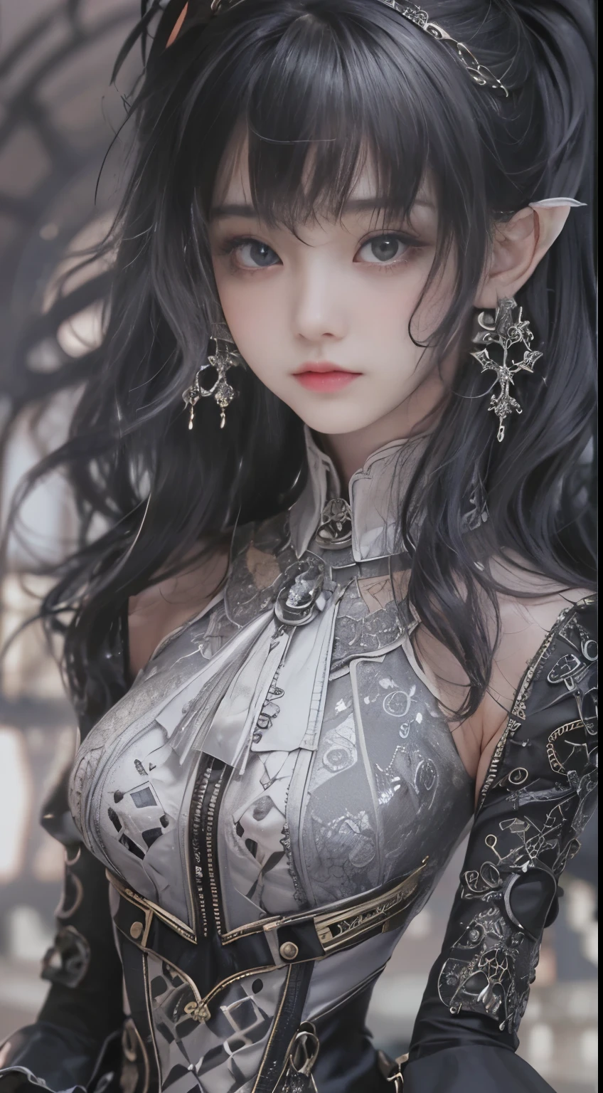(((Masterpiece, top quality, ultra-detailed))), (((1 Infinity Mage Girl))), , (((very detailed face))), small thin nose, small thin-lipped mouth, (((very sharp focused eyes))), very large slit precision pale grey eyes, sparkling like jewels. Very long eyelashes, long black hair in black vertical curls, with fringes, ((Steampunk fashion, Gothic Lolita fashion))
