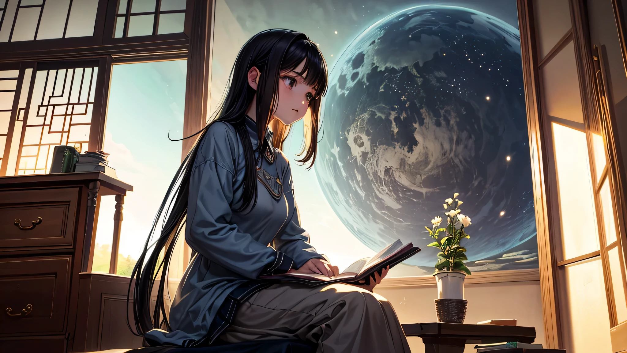 Singular light, alone, woman, face seen from the side, sideways, cosmic, fantsy, looking away:1.4, adult, busty, Ghibli-like design, living room, sitting, dark hair, studying, Completely, landscape orientation, side view,