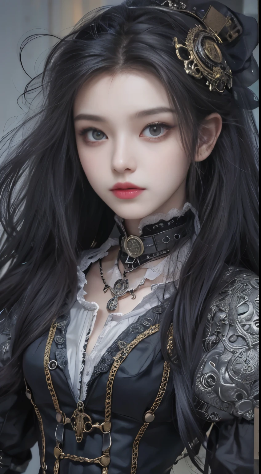 (((Masterpiece, top quality, ultra-detailed))), (((1 Infinity Mage Girl))), 14 years old, (((very detailed face))), small thin nose, small thin-lipped mouth, (((very sharp focused eyes))), very large slit precision pale grey eyes, sparkling like jewels. Very long eyelashes, long black hair in black vertical curls, with fringes, ((Steampunk fashion, Gothic Lolita fashion))