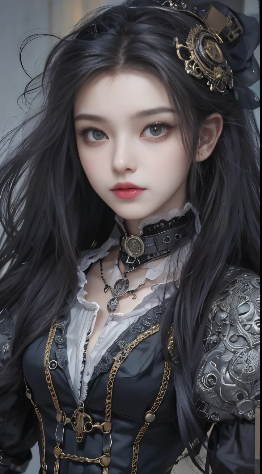 (((Masterpiece, top quality, ultra-detailed))), (((1 Infinity Mage Girl))), 14 years old, (((very detailed face))), small thin nose, small thin-lipped mouth, (((very sharp focused eyes))), very large slit precision pale grey eyes, sparkling like jewels. Very long eyelashes, long black hair in black vertical curls, with fringes, ((Steampunk fashion, Gothic Lolita fashion))