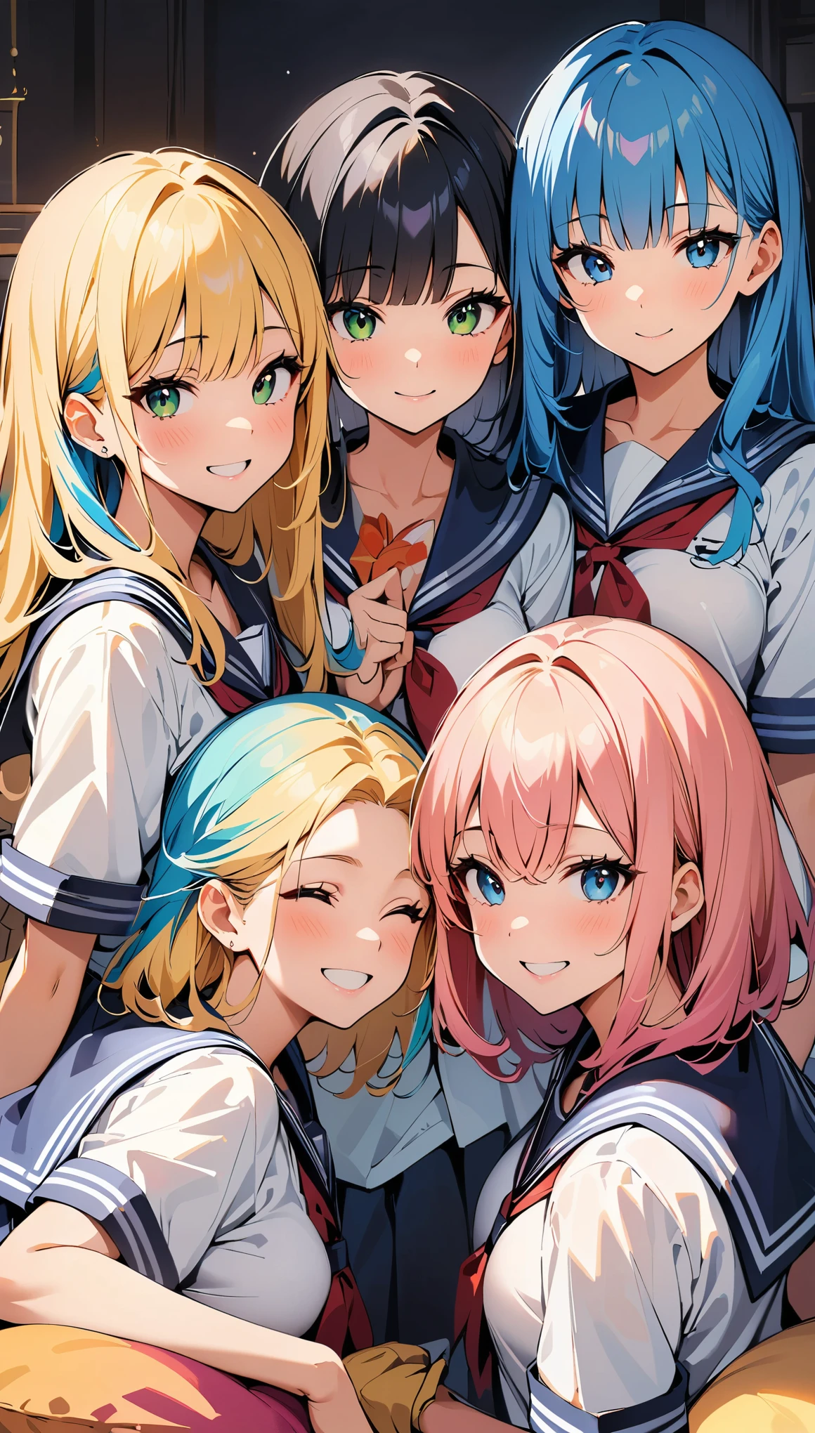 (high quality, 8k, 4K, High Contrast, masterpiece:1.2, 最high quality, Best aesthetics), , ((Several women in sailor suits posing sexy)), Beautiful woman face, Colorful hair colors, The finer details, Harem, cushion, Lots of light, happy,