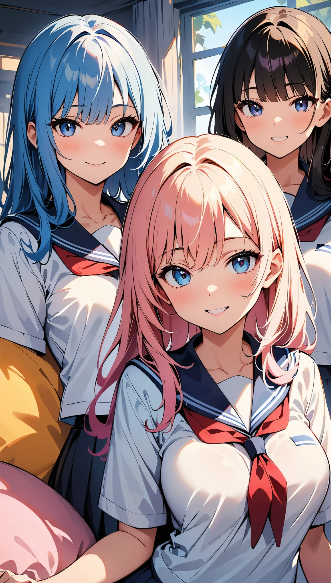 (high quality, 8k, 4K, High Contrast, masterpiece:1.2, 最high quality, Best aesthetics), , ((Several women in sailor suits posing sexy)), Beautiful woman face, Colorful hair colors, The finer details, Harem, cushion, Lots of light, happy,
