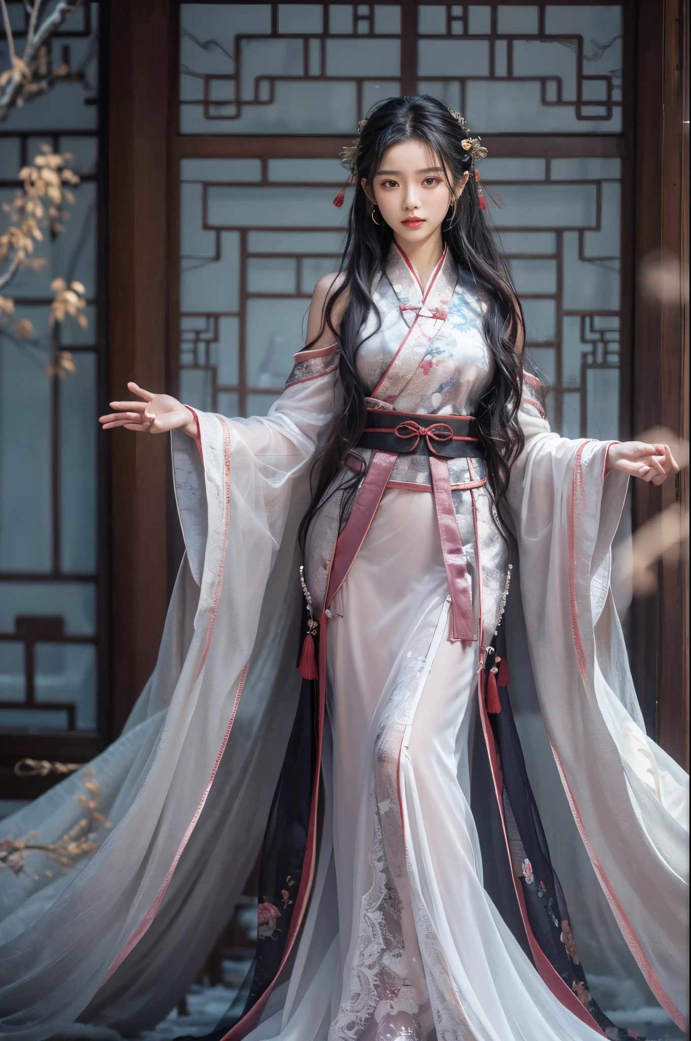 best quality, masterpiece, high resolution,8k,(Realistically:1.4),超high resolution,1 girl,(Black transparent, Lace),(Ultra-realistic skin maps), Ultra Detailed, Surreal, Highly detailed CG illustrations, official art, Movie Lighting, Practical, Young beautiful girl, Perfect body, Perfect body, Full view, Perfect body,enjoy expression,(Start from below:1.3), Sexy pose, Sexy long legs, confidence, Beautiful and sexy, (Gorgeous Chinese Hanfu,cropped shoulder,S-Shape Pose, blush, Chapped lips, View Viewer , half body shot , (fur-edged cloak) ,(Chinese pavilions),It snowed heavily,The ground is covered with snow,