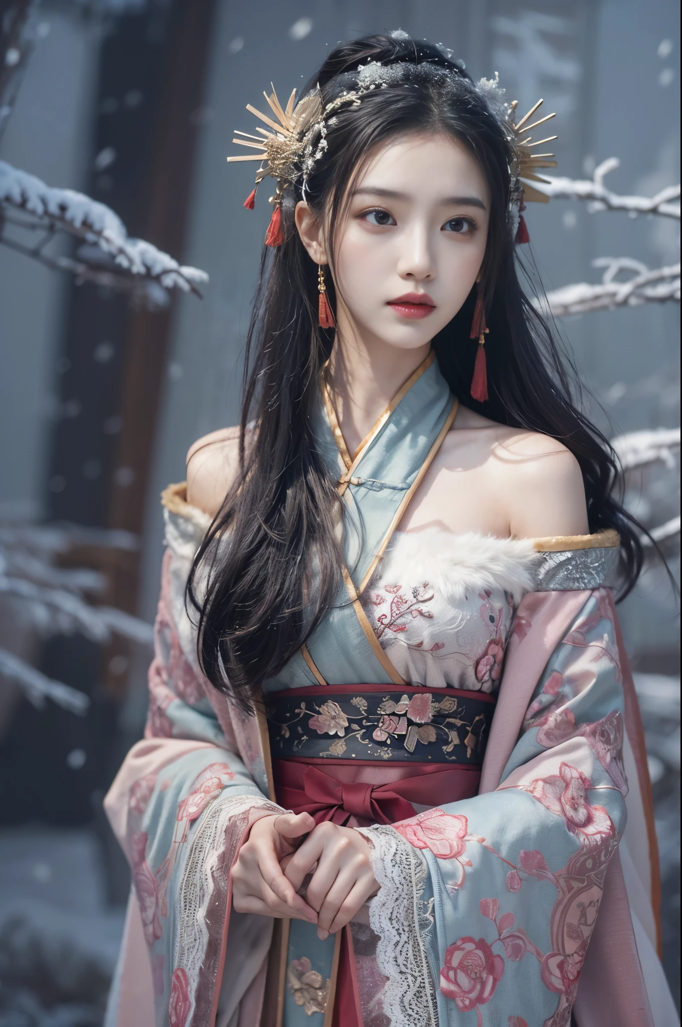 best quality， masterpiece， high resolution，8k，（Realistically：1.4），超high resolution，1 girl，(Black transparent， Lace)，(Ultra-realistic skin maps)， Ultra Detailed， Surreal， Highly detailed CG illustrations， official art， Movie Lighting， Practical， Young beautiful girl， Perfect body， Perfect body， Full view， Perfect body，enjoy expression，（Start from below：1.3）， Sexy pose， Sexy long legs， confidence， Beautiful and sexy， (Gorgeous Chinese Hanfu，cropped shoulder，S-Shape Pose， blush， Chapped lips， View Viewer ， half body shot ， (fur-edged cloak) ，(Chinese pavilions)，It snowed heavily，The ground is covered with snow，