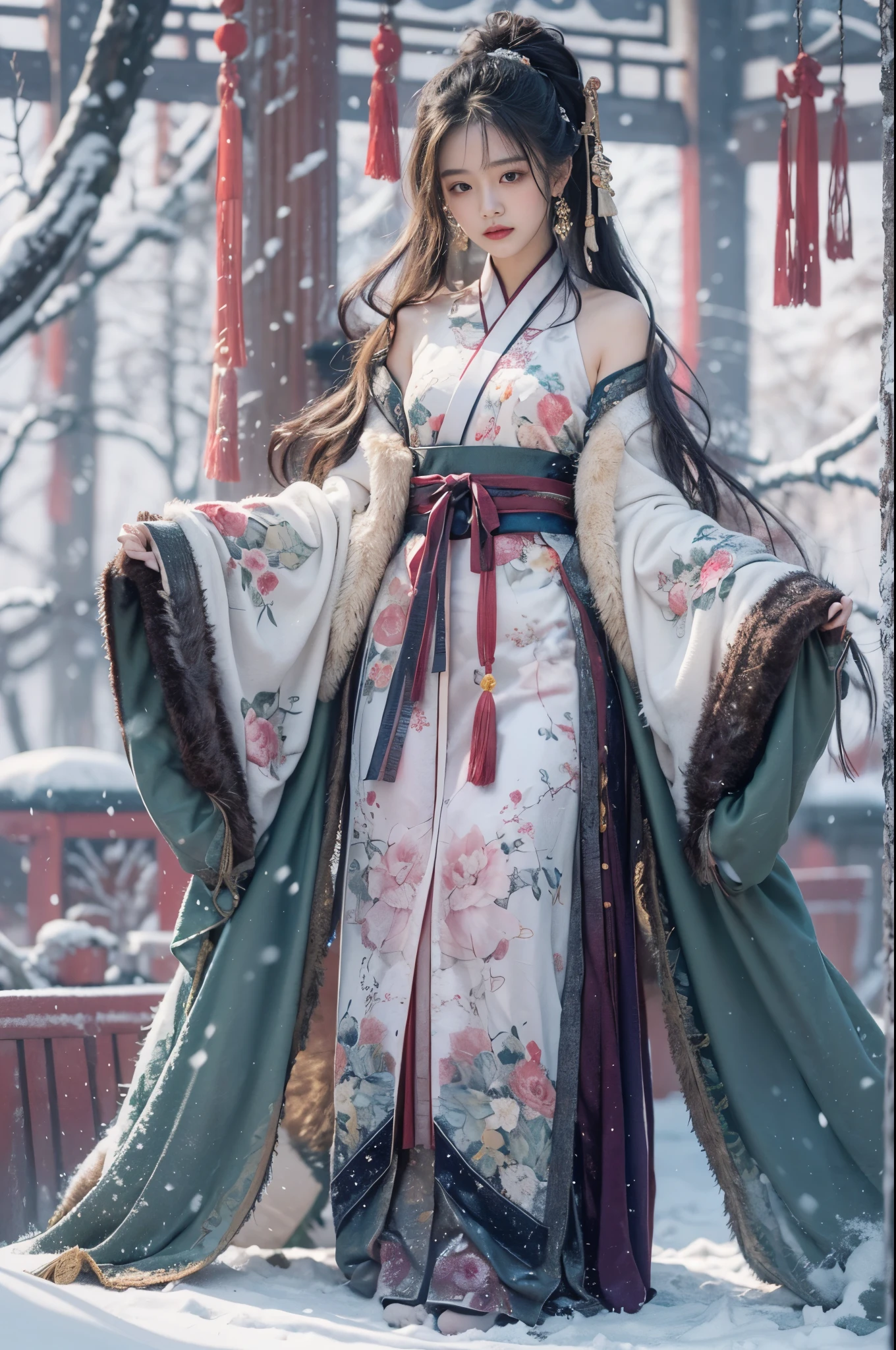 best quality, masterpiece,8k,(Realistically:1.4),Ultra-high resolution,1 girl,(Ultra-realistic skin maps), Ultra Detailed, Surreal, Highly detailed CG illustrations, official art, Movie Lighting, Practical, Young beautiful girl,Perfect body, Full view,enjoy expression,(Start from below:1.3), Sexy pose, Sexy long legs, confidence, Beautiful and sexy, ((Gorgeous Chinese Hanfu)),cropped shoulder,S-Shape Pose, blush, Chapped lips, View Viewer , half body shot , (fur-edged cloak) ,(Chinese pavilions),It snowed heavily,The ground is covered with snow,