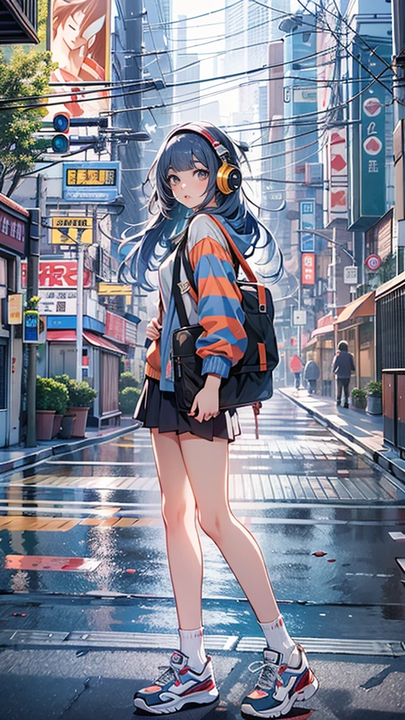 (masterpiece), (highest quality:1.4), (Ultra-high resolution:1.2),  Highly detailed background, (unity 8k wallpaper), e high school girl wearing headphones walking through the streets of Tokyo。Illustrations inspired by city pop culture、、Wear loose socks for a stylish and nostalgic look、Display one subject without splitting the screen