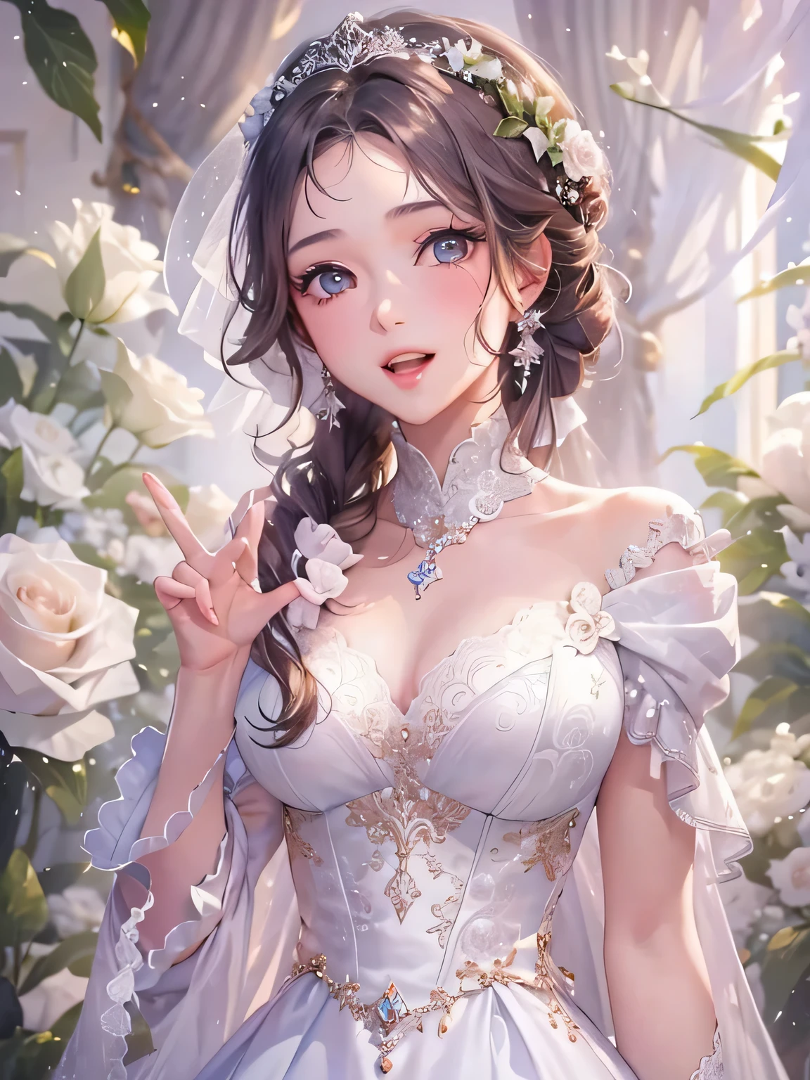 ((highest quality)), ((masterpiece)), (Get used to it), Perfect Face , beautiful girl , white rose , princess wedding dress ,