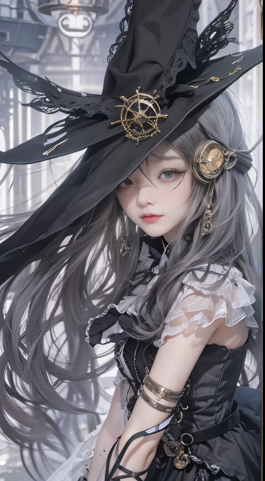 (((Masterpiece, top quality, ultra-detailed))), (((1 Infinity Mage Girl))), , (((very detailed face))), small thin nose, small thin-lipped mouth, (((very sharp focused eyes))), very large slit precision pale grey eyes, sparkling like jewels. Very long eyelashes, long black hair in black vertical curls, with fringes, ((Steampunk fashion, Gothic Lolita fashi