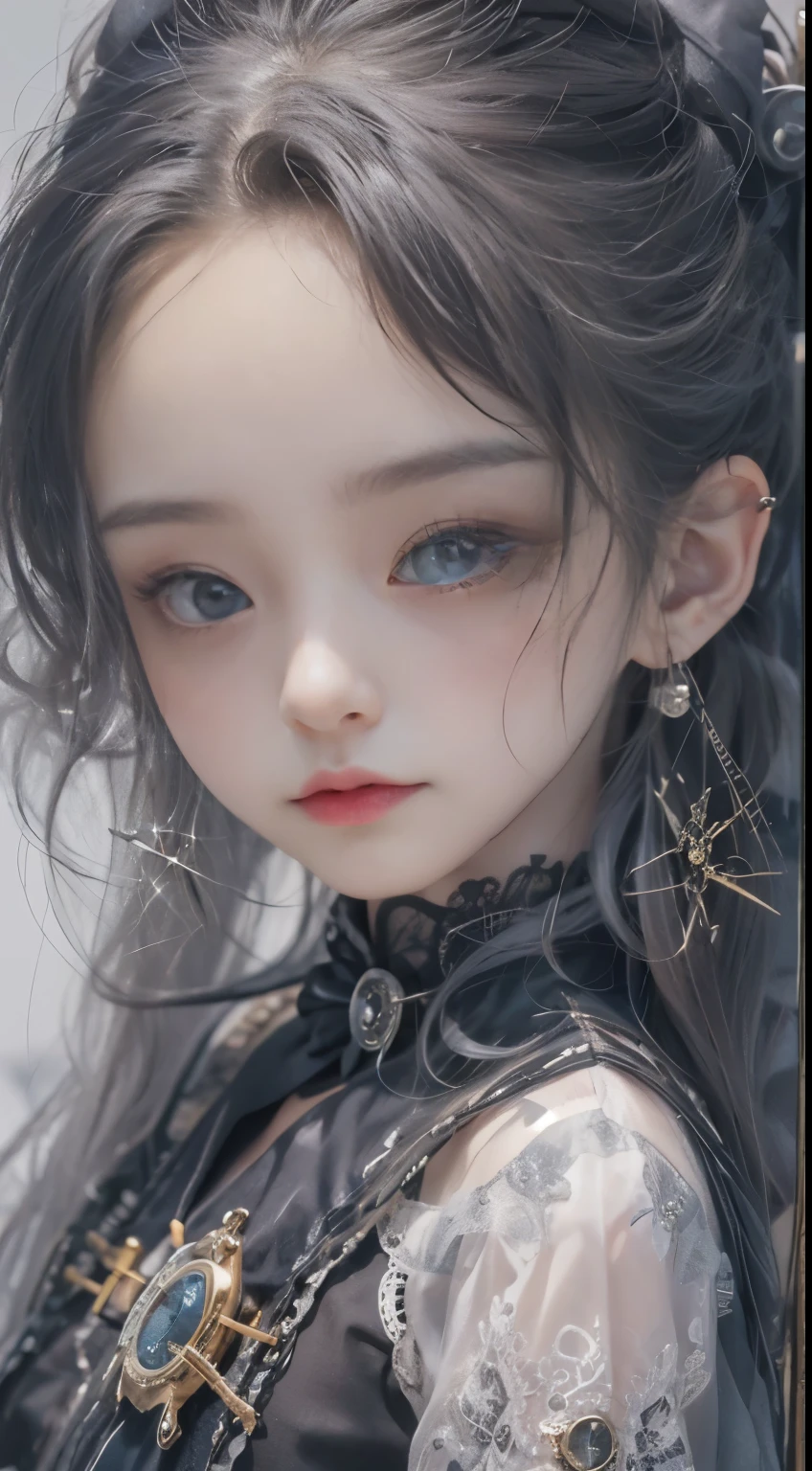 (((Masterpiece, top quality, ultra-detailed))), (((1 Infinity Mage Girl))), , (((very detailed face))), small thin nose, small thin-lipped mouth, (((very sharp focused eyes))), very large slit precision pale grey eyes, sparkling like jewels. Very long eyelashes, long black hair in black vertical curls, with fringes, ((Steampunk fashion, Gothic Lolita fashi