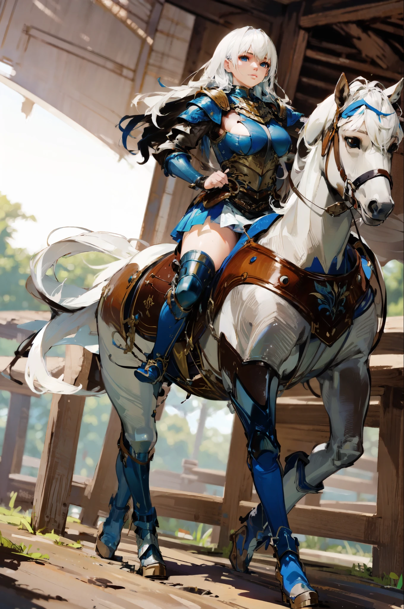 4k, masterpiece, solo, realistic, best quality, anime style, cinematic lighting, cinematic color, long hair, straight hair, {black hair}, dark blue eyes, large breast, riding on a running WHITE HORSE, BREAK, (white horse: 1.0, {white hair}, bridle, saddle, stir ups, reins: 1.2), swamp lands, wet, (breastplate armor, blue miniskirt, blue boots), anatomically correct
