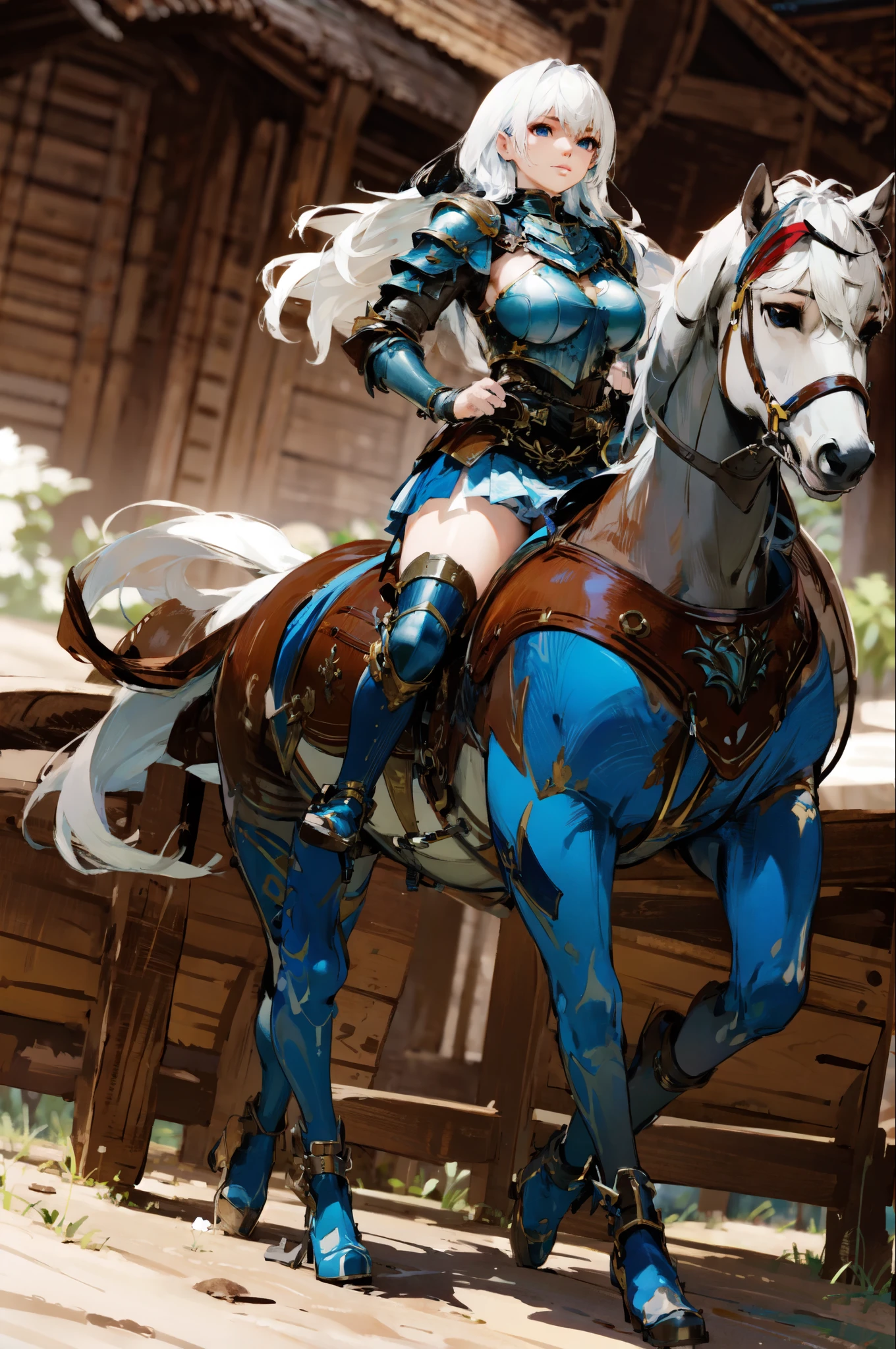 4k, masterpiece, solo, realistic, best quality, anime style, cinematic lighting, cinematic color, long hair, straight hair, {black hair}, dark blue eyes, large breast, riding on a running WHITE HORSE, BREAK, (white horse: 1.0, {white hair}, bridle, saddle, stir ups, reins: 1.2), swamp lands, wet, (breastplate armor, blue miniskirt, blue boots), anatomically correct
