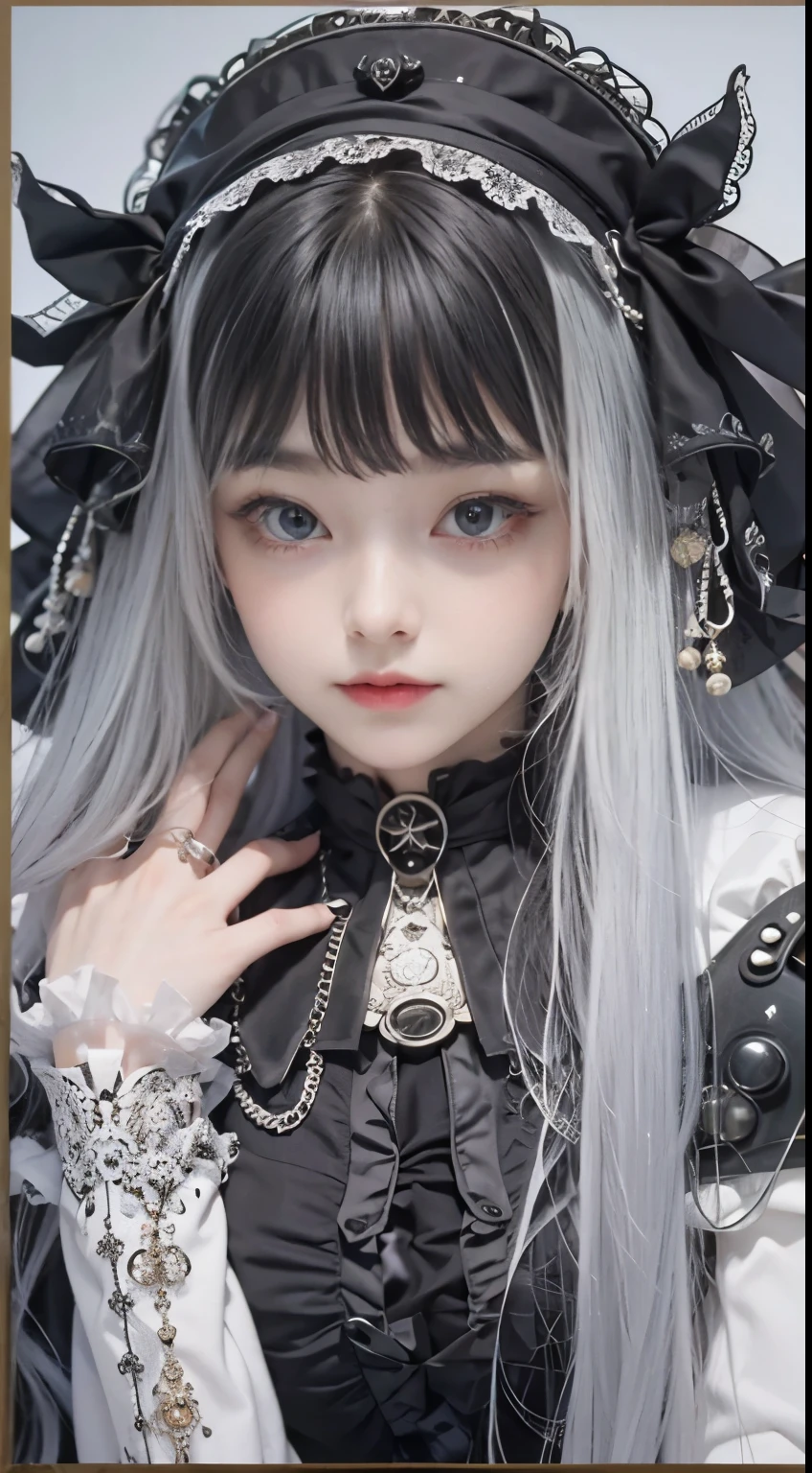 (((Masterpiece, top quality, ultra-detailed))), (((1 Infinity Mage Girl))), 14 years old, (((very detailed face))), small thin nose, small thin-lipped mouth, (((very sharp focused eyes))), very large slit precision pale grey eyes, sparkling like jewels. Very long eyelashes, long black hair in black vertical curls, with fringes, ((Steampunk fashion, Gothic Lolita fashion))
