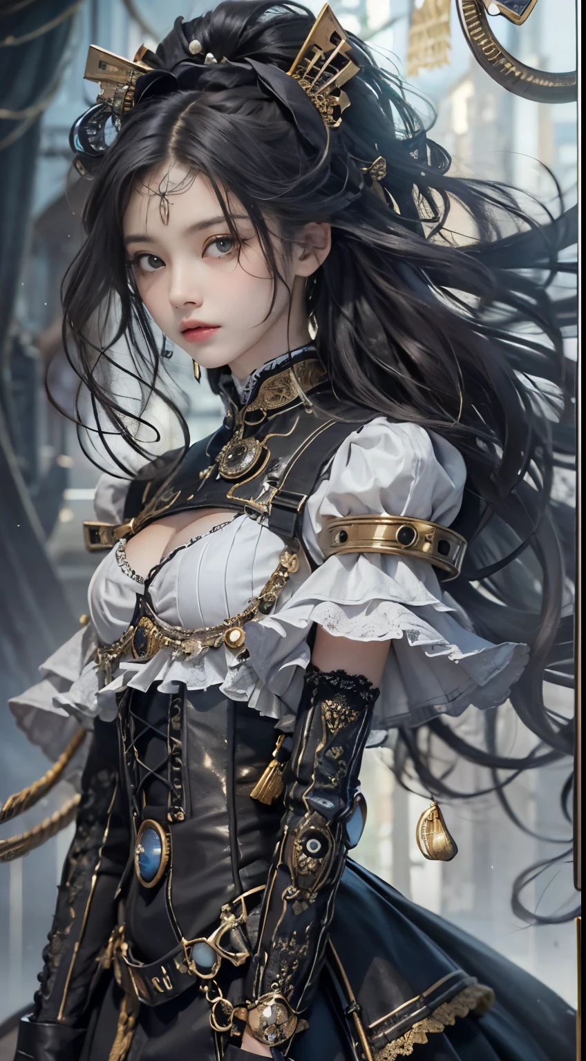 (((Masterpiece, top quality, ultra-detailed))), (((1 Infinity Mage Girl))), 14 years old, (((very detailed face))), small thin nose, small thin-lipped mouth, (((very sharp focused eyes))), very large slit precision pale grey eyes, sparkling like jewels. Very long eyelashes, long black hair in black vertical curls, with fringes, ((Steampunk fashion, Gothic Lolita fashion))