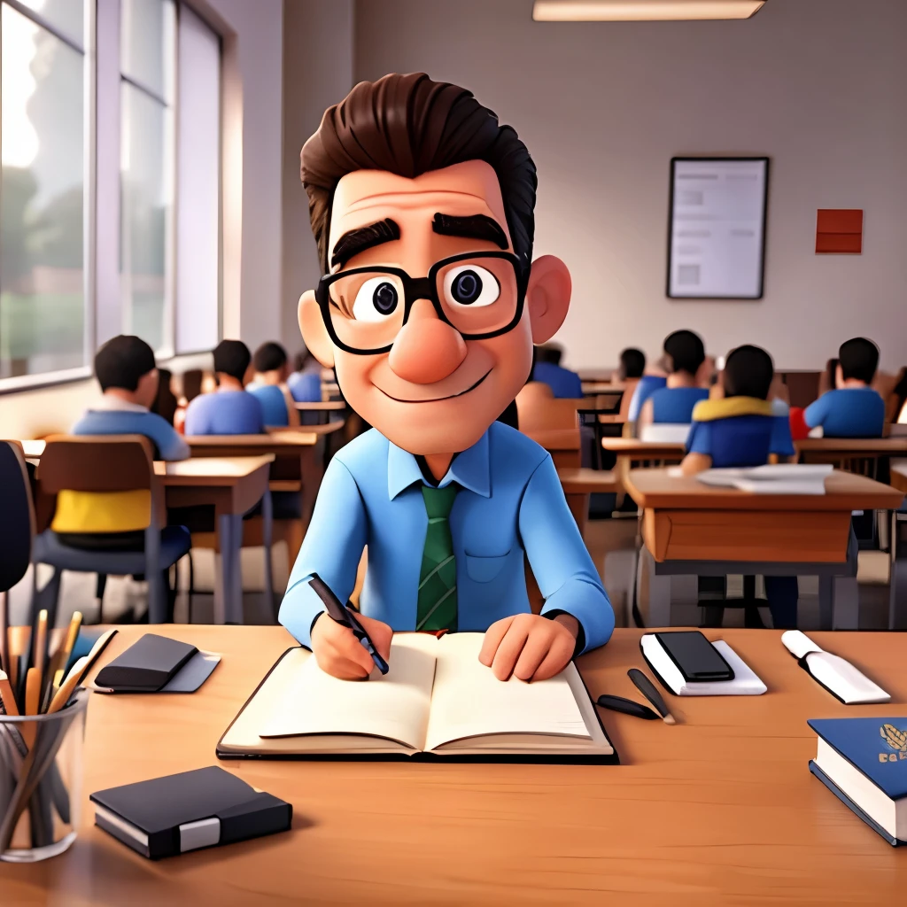 crear a un profesor de caricatura entrando a aula de clase luego recogiendo el marcador del suelo y luego escribiendo en el tablero