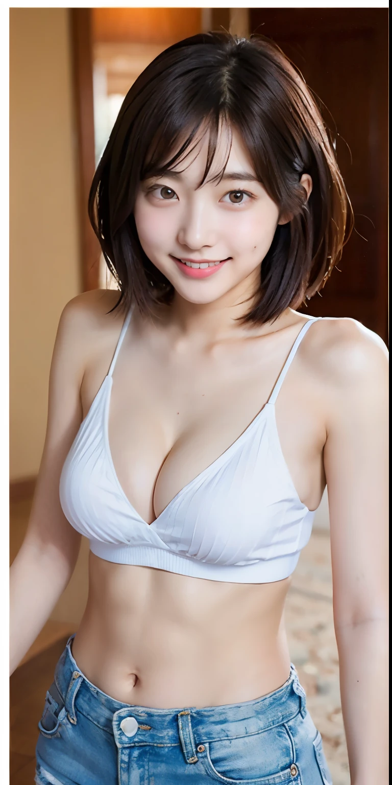 incredibly absurd, beautiful and cute 20-year-old Korean girl with a photorealistic face, showcasing top-quality craftsmanship. Her slender frame adorned with short, messy hair. The artwork high-resolution, allowing for ultra-detailed features to be captured flawlessly. The focus lies on the realistic pupils, showcasing depth and emotion. ((??????? out)) cute smile.