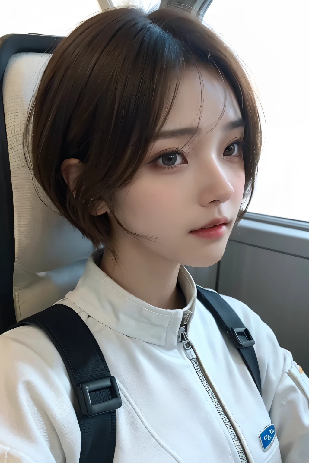 highest quality、masterpiece、Ultra-high resolution、(Real:1.4)、Beautiful woman1、Beautifully detailed eyes and skin、Light brown short hair、small smile、Full space suit、Space Station、Spaceship、Cloudy、Sci-Fi Taste、Movie quality、