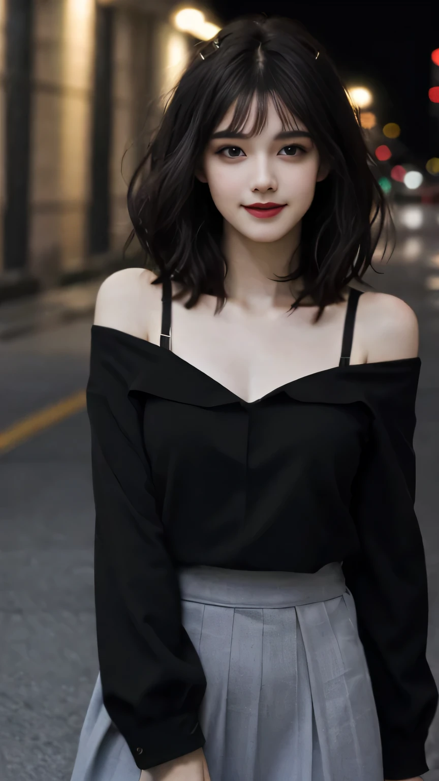 best quality，masterpiece，超high resolution，（Degree of holiness：1.4），（Hyper-realism）， （high resolution）， （8k），RAW photos，1 girl，Off-shoulder，Movie Lighting, Smile,Short hair details，Black shawl straight hair，Side Bangs，High-resolution details、Ultra Detailed、Movie Lighting、Surrealism、Soft Light、Deep field focus bokeh、Has short black hair，White skin，famous work of art，is a perfect face，Pretty Face，beautiful eyes，（（perfect female body））