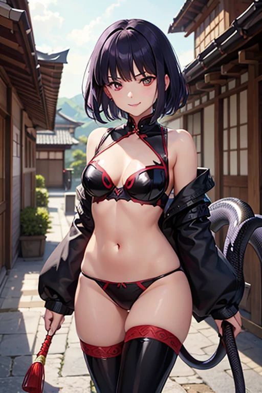 Latex underwear,evil smile,Banshee,Sharp claws,The tail at the buttocks is like a snake,Black short hair,Purple Eye,Squint your eyes slightly,The eyes are shining with enchanting light,Medium chest,Red Eyeliner,navel,Beautiful curves,crotch pattern,Walking in a Japanese Warring States Village,The villagers looked at her in surprise.,Front view,8k,best quality,