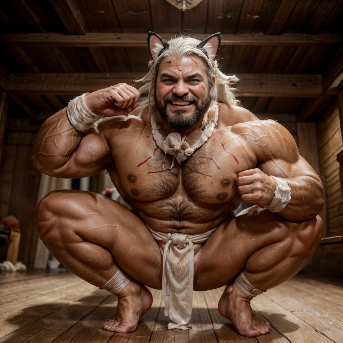 A white-haired muscular old man, muscular, Excessive body hair, white body hair, The upper body is nude, Wearing Fundoshi on the lower body, Sweating all over the body, Fundoshi becomes transparent when wet with sweat, Does not contain any nsfw content, No content that causes blocking, Bodybuilding Muscle, Muscle tightness, Arms wrapped in bandages, Cat's ears on the head, Use your whole body, Seductive demeanor, Put hands behind your head, white hair, wet hair, tengu mask, mask on head, scar on cheek, wide eyes, eyeball, glaring, animal ears, cat ears, evil smile, smile, grin, smile, licking lips, open mouth, tongue out, v-shaped eyebrows, expressions, seductive smile, doyagao, smirk, full blush, heavy breathing, smug, drooling, happy, laughing, saliva trail, saliva trail, fang, excited, facing another, anger vein, rape face, evil, determined, messy hair, high detail, UHD, masterpiece, ccurate, anatomically correct, textured skin, super detail, high details, high quality, award winning, best quality, highres, 1080P, HD, 8k,solo,1person,real,Japanese,safe for work,completely sfw,beard,beard, temple, Full body portrait, The whole body appears in the painting, Full body picture, The whole body from head to toe appears in the painting,Squatting on the ground