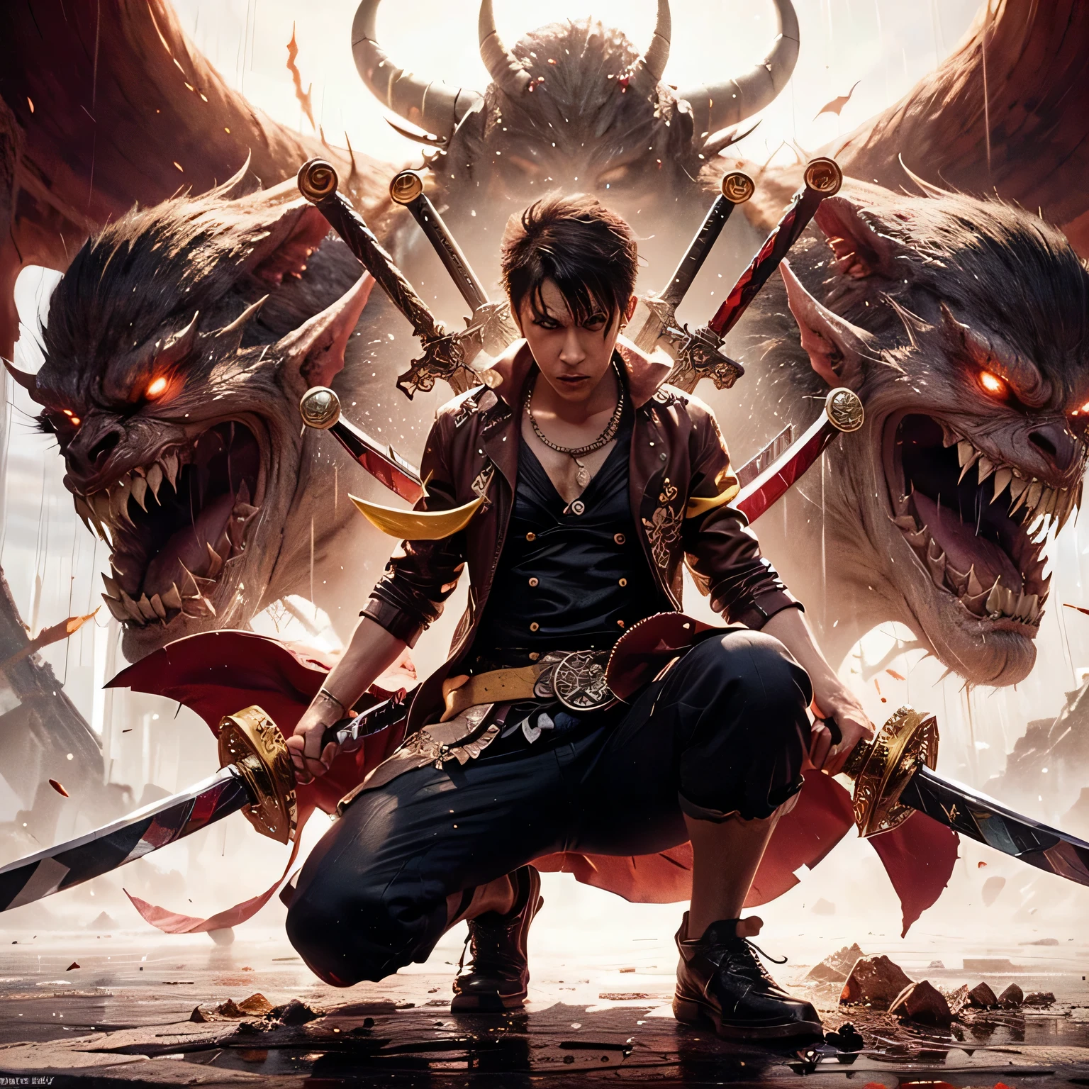 Anime character with two swords in front of a demon,roronoa zoro,badass anime 8 k, anime epic artwork, 4 k manga wallpaper, anime wallpaper 4 k, anime wallpaper 4 k, 4 k anime wallpaper, anime wallpaper, anime art wallpaper 4 k, anime art wallpaper 4 k, anime masterpiece, anime style 4 k, anime art wallpaper 8 k
