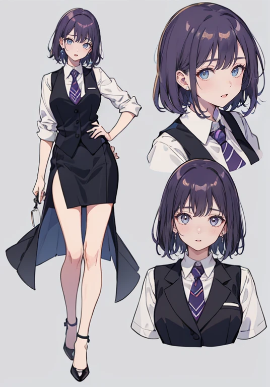 ((Perfect Face)),Purple Hair,short hair,Adult female,bartender,suit,Black vest,Shirt with rolled up sleeves,tie,slit,High heels,,((Simple Background)),smile,((whole body)),((whole body)),Portraiture,virtual,upright,,both arms are down,Standing upright with face and body facing forward,