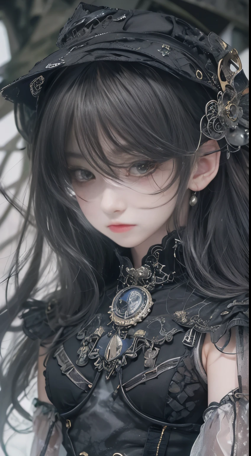 (((Masterpiece, top quality, ultra-detailed))), (((1 Infinity Mage Girl))), 14 years old, (((very detailed face))), small thin nose, small thin-lipped mouth, (((very sharp focused eyes))), very large slit precision pale grey eyes, sparkling like jewels. Very long eyelashes, long black hair in black vertical curls, with fringes, ((Steampunk fashion, Gothic Lolita fashion))