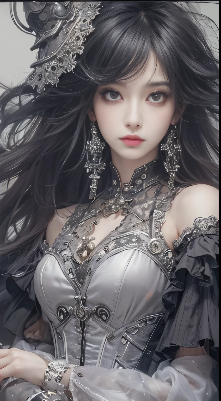 (((Masterpiece, top quality, ultra-detailed))), (((1 Infinity Mage Girl))), 14 years old, (((very detailed face))), small thin nose, small thin-lipped mouth, (((very sharp focused eyes))), very large slit precision pale grey eyes, sparkling like jewels. Very long eyelashes, long black hair in black vertical curls, with fringes, ((Steampunk fashion, Gothic Lolita fashion))