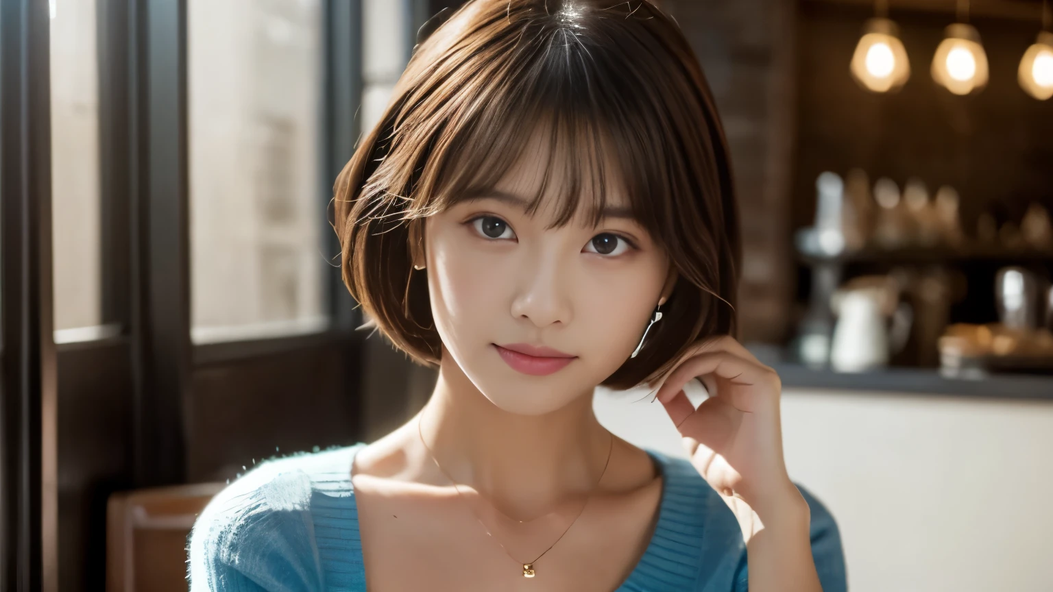 (highest quality、8k、32k、masterpiece:1.2)、cute日本人女性の写真、very short bob hair、Upper body、Face Focus、Extra Large_sweater、necklace、Background of the café、From above、Viewer looking x4、(8k、Raw photo、highest quality、masterpiece:1.2)、(Realistic、Photorealistic:1.37)、One Girl、cute、Professional Lighting、Photon Mapping、Physically Based Rendering、Gradient brunette hair、Short Curly Hair、Handsome、Girlish、Excellent image quality、High resolution、1080p、(clear face)、(Detailed face description)、(Detailed hand description)、(Masseter muscle area)、(Exquisite CGI)、 Extreme light and shadow、My hair is messy、masterpiece、Rich details、(Graceful features)、(Best image quality)、(masterpiece)、(Detailed eyes)、I look forward to seeing you、Delicate clavicle、Various poses、Don'don't watch mela、profile、Photographed inside the cafe、Spring Clothes、simple necklace、Light Blue Knit