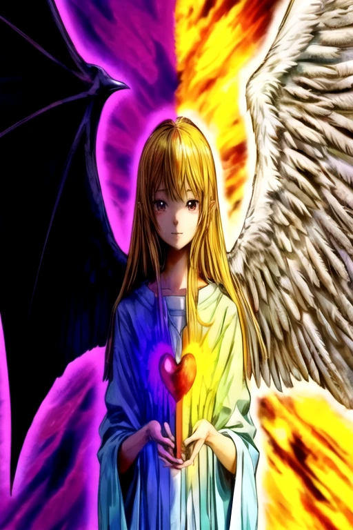 anime chica Angel with wings holding a heart in her hands, angelical and unsettling, glowing angelical being, serafines, Angel in Hell, angel looking at demon, angelical, angelicalal, low angel, angel protecting woman, angel winged girl, an angel, the angel of death, chica Angel, evangelionic illustration, the angel of death