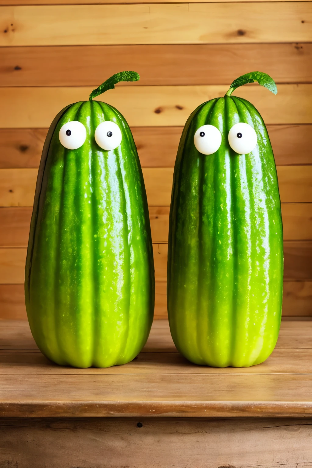 Two plump and vibrant cucumbers, placed on a rustic wooden table, share a light-hearted moment as they exchange jokes. Their lively green bodies, adorned with intricate ridges and blemishes, add character to the scene. One cucumber, with a slight tilt of its head and a smirk on its curved end, sets the stage with a witty punchline, the other, a glistening, ripe companion, laughs heartily, its entire length quivering with amusement. The table, bathed in the soft, warm glow of a nearby sun lamp, creates a cozy and charming atmosphere, enhancing the playful energy between these funny veget