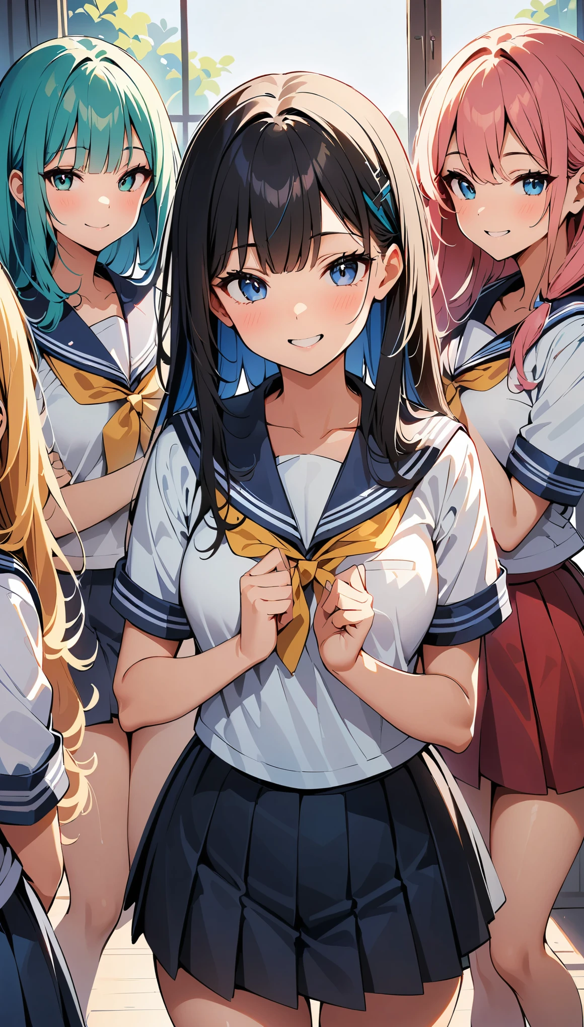 (high quality, 8k, 4K, High Contrast, masterpiece:1.2, 最high quality, Best aesthetics), , ((Four women in sailor suits posing sexy)), Beautiful woman face, Colorful hair colors, The finer details, School Harem, Lots of light coming through the window, happy,