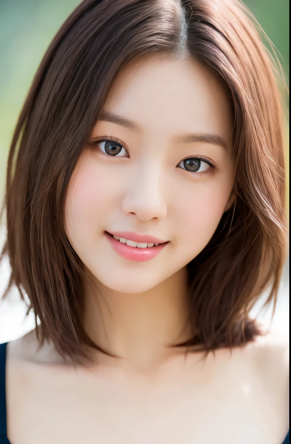 incredibly absurd, beautiful and cute 20-year-old Korean girl with a photorealistic face, showcasing top-quality craftsmanship. Her slender frame adorned with short, messy hair. The artwork high-resolution, allowing for ultra-detailed features to be captured flawlessly. The focus lies on the realistic pupils, showcasing depth and emotion. ((breasts out)) cute smile.