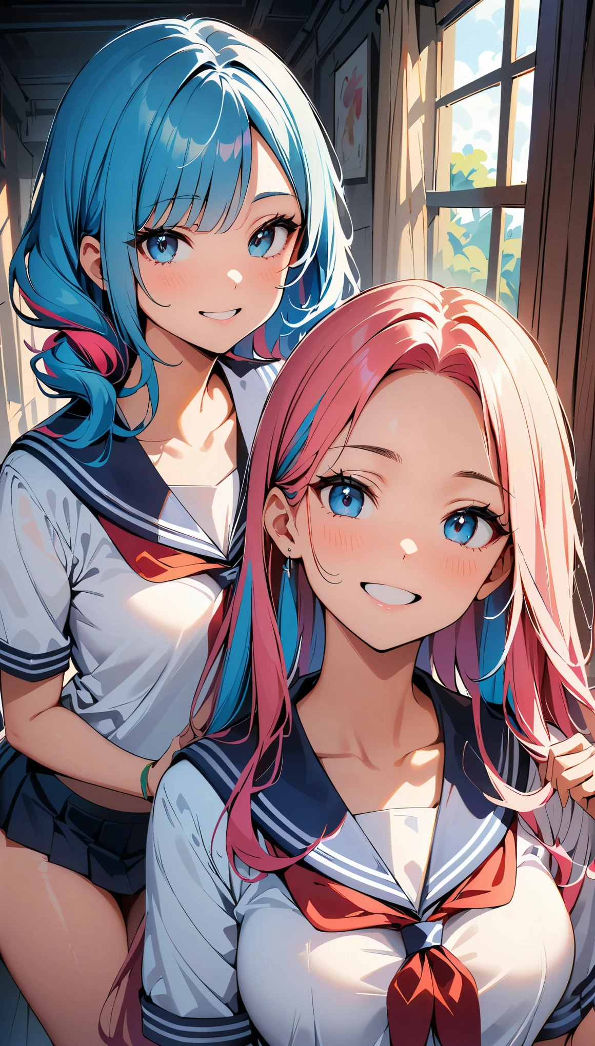 (high quality, 8k, 4K, High Contrast, masterpiece:1.2, 最high quality, Best aesthetics), , ((Four women in sailor suits posing sexy)), Beautiful woman face, Facial details:1.2, Colorful hair colors, The finer details, School Harem, Lots of light coming through the window, happy,