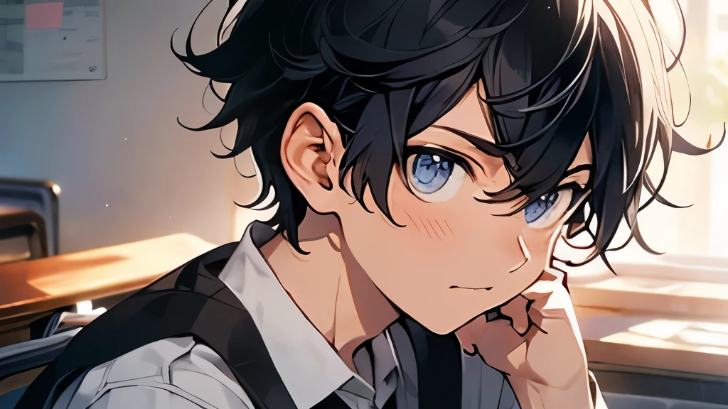 Short Hair、Black Hair、18 year old man、Looks serious、School、Sitting、Wearing a uniform、Close-up of face、