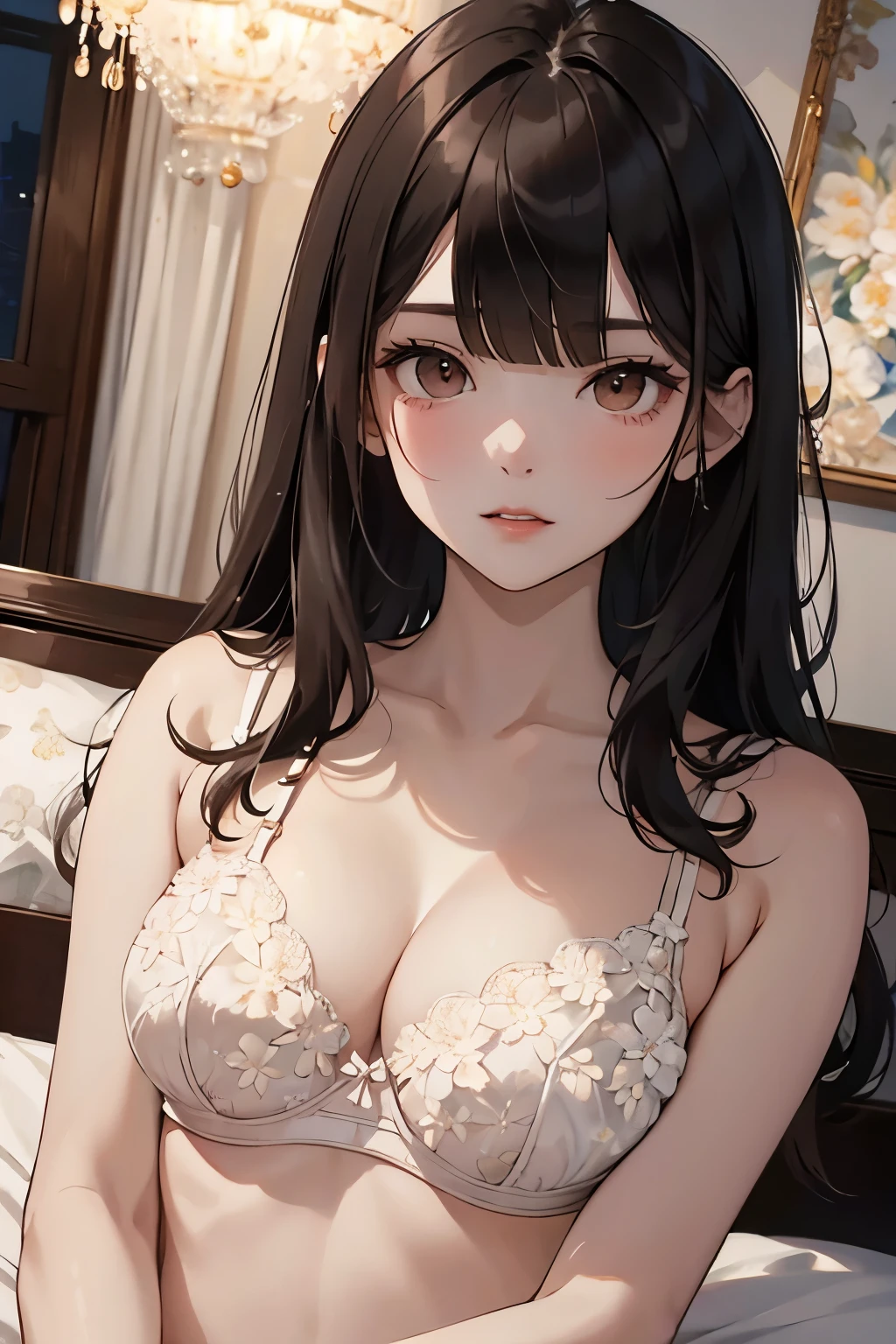 best quality, highres,Slender、Brown eyes、tall、Black Hair、(Bangs:1.emi-long:1.3),Straight Hair、Luxury Hotel、(White floral bra:1.4)、On the bed、Dark Room、night、Embarrassed
