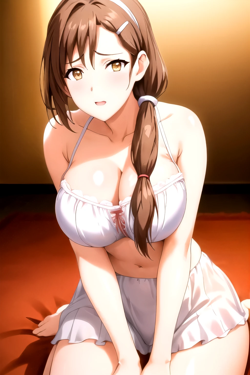 Underwear, Lace, Bare legs, Brown_hair,Brown_Eye,hair_decoration,hairclip,Side Ponytail, Single Braid, 1 girl, 20 years,Young women,fair Finger,fair long legs,fair body,fair Nose,fair character design, perfect Eye, perfect Face,expressive Eye, Looking at the audience, In the center of the image,(Light_Smile:0.5), official art,Extremely detailed CG unified 8k wallpaper, perfect Lighting,rich and colorful, bright_front_Face_灯Light,有Light泽的皮肤, (masterpiece:1.0),(the best_quality:1.0), Ultra-high resolution,4K,Super detailed, photography, 8k, HDR, high resolution, absurd:1.2, Kodak Portrait 400, Film Grain, Blurred background, Bokeh:1.2, 镜头Light晕, (Energetic_color:1.2) (fair,Large target_breast:1.0), (fair_Face:1.5),(narrow_waist),