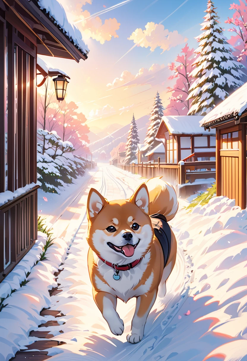 Imagine a lovely and cheerful scene.: Shiba Inu is taking a walk in the snow 